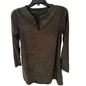 BLVD Olive Green Suede-Look V-Neck Tunic. Size tag missing, S.